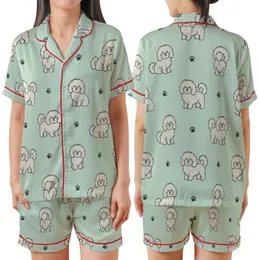 Dog Lovers' Minimalist Flat Art Fluffy Long-Haired Dog Seamless Pattern Mint Green Charcoal Off-White Satin Short-Sleeve Pajamas Set