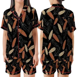 Women's Black Real Ostrich Feather Trim Full Length Polyester Blend Pajama Set Satin Short-Sleeve Pajamas Set