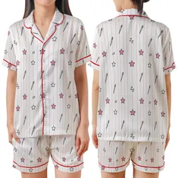 DIY Pajamas Set Pattern PDF: Pale Pink Stripes, Sewing Needles, Stars & Zzz Motifs Satin Short-Sleeve Pajamas Set