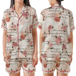 Bridesmaid & Bridal Party Delicate Rose & Lace Personalized Name Satin Camisole Sleep Set Satin Short-Sleeve Pajamas Set