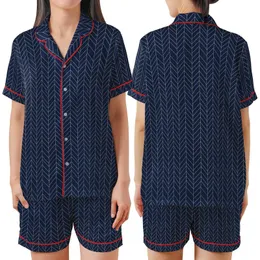 Style-Conscious Adults' Rich Navy Blue Classic Herringbone Pattern with Refined Off-White Lines Satin Short-Sleeve Pajamas Set
