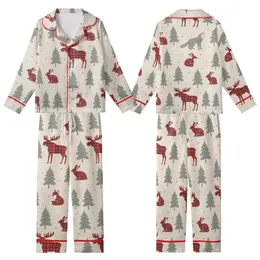 Winter Season Lovers' Rustic Beige Red Plaid Animal Forest Muted Pine Tree Snowflake Pattern Kid Satin Pajamas Set