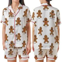 Festive Gingerbread Friends Pattern: Six Expressive Cookie Characters Holiday Sleep Set Satin Short-Sleeve Pajamas Set