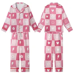 Playful Spirits' Vibrant Pastel Pink Wavy Checkerboard Smiling Faces Hearts Pattern Kid Satin Pajamas Set