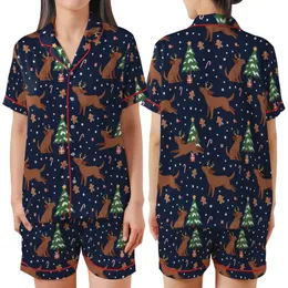 Festive Dog Lovers' Whimsical Navy Blue Labrador Reindeer Antler Gingerbread Christmas Pattern Satin Short-Sleeve Pajamas Set