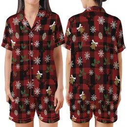 Rustic Winter: Red Black Buffalo Plaid Reindeer Snowflake Holly Berry Pattern Art Satin Short-Sleeve Pajamas Set