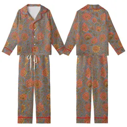 Women's Muted Slate Blue Cotton Pajama Set: Hand-Drawn Floral Block Print Loungewear Kid Satin Pajamas Set