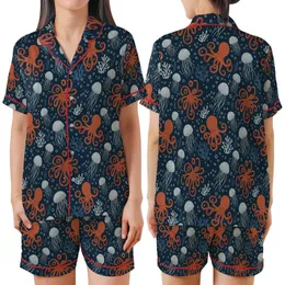 Women's Ocean Octopus Pajamas: Vintage Marine Life Print - Polyester Spandex Sleep Set Satin Short-Sleeve Pajamas Set