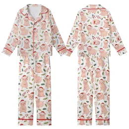 Festive Art Lovers' Whimsical Pink Piggy Santa Hat Green Holly Red Berry Pattern Kid Satin Pajamas Set