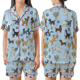 Dog Lovers' Cartoon Hanukkah Celebration Light Blue Pattern with Golden Menorahs & Playful Pups Satin Short-Sleeve Pajamas Set