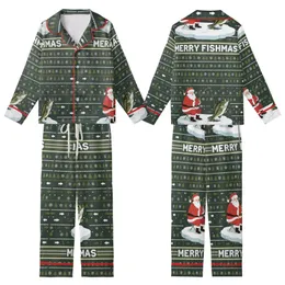Bass Fisherman Family: Santa Ice Fishing Largemouth Bass 'Merry Fishmas' Poly-Spandex Sleep Set Kid Satin Pajamas Set