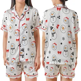 Festive Enthusiasts' Cute Cartoon Snowman Pattern with Bright Red Bows & Buffalo Check Scarves Satin Short-Sleeve Pajamas Set