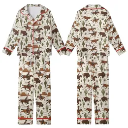 Women's Retro Cowgirl Pajamas: Hand-Drawn Bronc Rider & Saguaro Western Cotton PJs Kid Satin Pajamas Set