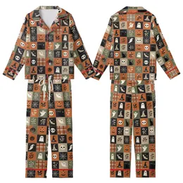 Women's Halloween Patchwork Sleep Set: Quilted Ghost Bat Pumpkin Skull Folk Art Design Kid Satin Pajamas Set