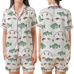 Anglers' All-Over Hand-Drawn Whimsical Fishing Pattern: Bass, Trout, Rods, Lures, Muted Mint, Pale Teal, Earthy Brown Satin Short-Sleeve Pajamas Set