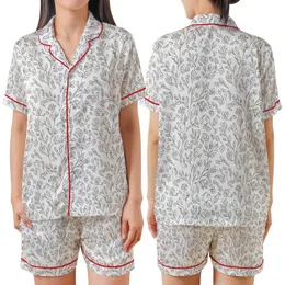 Women's Pure White Black Line Art Delicate Abstract Botanical Repeating Pattern Satin Short-Sleeve Pajamas Set