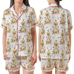 Golden Retriever Lover's Cream Pajamas: Hand-Painted Watercolor Christmas Lights Dog & Gold Star Satin Short-Sleeve Pajamas Set