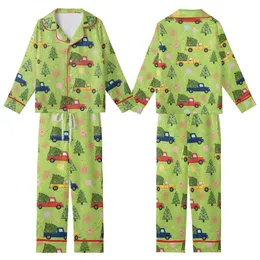 Christmas Enthusiasts' Whimsical Lime Green Pattern with Red Trucks, Forest Trees, Gingerbread Men, Pastel Pink & Purple Candy Kid Satin Pajamas Set