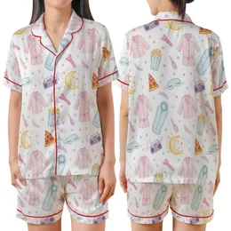 Girls' Watercolor Slumber Party Pajamas: Pink Pizza, Sleep Mask & Movie Night Print Satin Short-Sleeve Pajamas Set
