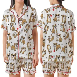 Bulldog Lover Pajamas: Playful Fawn Cartoon Dog All-Over Print Cozy Sleep Set Satin Short-Sleeve Pajamas Set