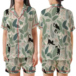 Women's Whimsical Black Cat Botanical Pajama Set: Sage Floral Silhouette Sleepwear Satin Short-Sleeve Pajamas Set