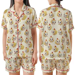 Whimsical Amigurumi Opossum Chicks: Crocheted Pastel Yellow Animal Print Pajamas Satin Short-Sleeve Pajamas Set