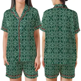 Women's Emerald Green Monogram Satin Sleep Set – Cream Abstract Filigree Loungewear Satin Short-Sleeve Pajamas Set