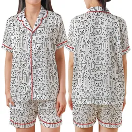 Cute Aesthetic Fans' Black White Whimsical Bear Head Heart Star Dot Line Pattern Satin Short-Sleeve Pajamas Set