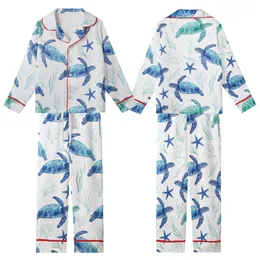 Women's Vibrant Blue Sea Turtle & Starfish Satin Sleep Set Kid Satin Pajamas Set