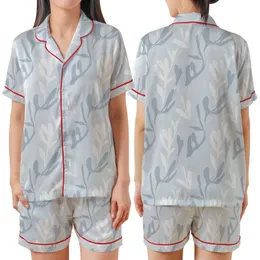 Women's Abstract Botanical Pattern Linen Sleep Set: Organic Stonewashed Comfort Satin Short-Sleeve Pajamas Set