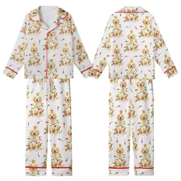 Golden Retriever Lover's Cream Pajamas: Hand-Painted Watercolor Christmas Lights Dog & Gold Star Kid Satin Pajamas Set
