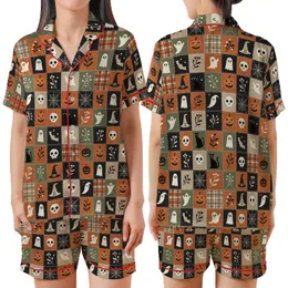 Women's Halloween Patchwork Sleep Set: Quilted Ghost Bat Pumpkin Skull Folk Art Design Satin Short-Sleeve Pajamas Set