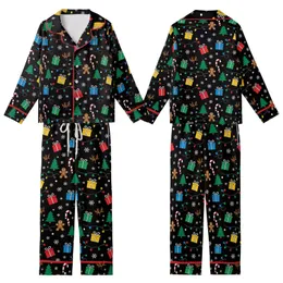 Festive Celebrators' Graphic Black Christmas Candy Cane Gingerbread Rainbow Lights Pattern Kid Satin Pajamas Set