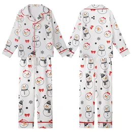 Festive Enthusiasts' Cute Cartoon Snowman Pattern with Bright Red Bows & Buffalo Check Scarves Kid Satin Pajamas Set