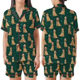 Golden Retriever Lovers' Festive Forest Green Christmas Golden Retriever Pattern with Santa Hats, Scarves, Holly & Snowflakes Satin Short-Sleeve Pajamas Set