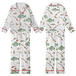 Anglers' All-Over Hand-Drawn Whimsical Fishing Pattern: Bass, Trout, Rods, Lures, Muted Mint, Pale Teal, Earthy Brown Kid Satin Pajamas Set