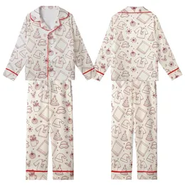 Cozy Christmas Lovers' Red Cream Hand-Drawn Whimsical Scattered Holiday Pizza & Snowman Pattern Kid Satin Pajamas Set