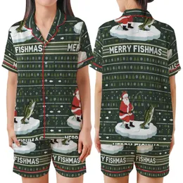 Bass Fisherman Family: Santa Ice Fishing Largemouth Bass 'Merry Fishmas' Poly-Spandex Sleep Set Satin Short-Sleeve Pajamas Set