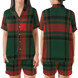Monogrammed Bridesmaid Dark Forest Green Tartan Plaid Rayon Sleep Set Satin Short-Sleeve Pajamas Set