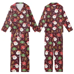 Festive Folks' Deep Maroon Whimsical Holiday Pattern with Cheerful Santa, Gingerbread Men, Reindeer, Candy Canes & White Snowflakes Kid Satin Pajamas Set