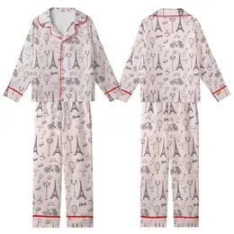 Women's Whimsical Soft Pink Parisian Doodle Seamless Pattern with Eiffel Tower, Macarons & Hot Air Balloons Kid Satin Pajamas Set
