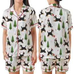 Women's Bernese Mountain Dog Christmas Pajamas Set: Cozy Illustrative Wreath & Santa Hat Print Satin Short-Sleeve Pajamas Set