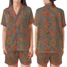 Women's Muted Slate Blue Cotton Pajama Set: Hand-Drawn Floral Block Print Loungewear Satin Short-Sleeve Pajamas Set