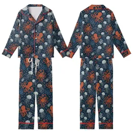 Women's Ocean Octopus Pajamas: Vintage Marine Life Print - Polyester Spandex Sleep Set Kid Satin Pajamas Set
