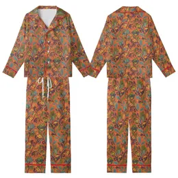 Women's 1970s Folk Art Floral Cotton Sleep Set - Boho Print Loungewear with Contrast Piping Kid Satin Pajamas Set