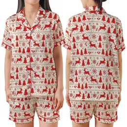 Holiday Enthusiasts' Creamy Off-White Nordic Folk Red Reindeer Pine Tree Snowflake Repeating Pattern Satin Short-Sleeve Pajamas Set