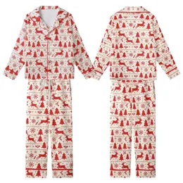 Holiday Enthusiasts' Creamy Off-White Nordic Folk Red Reindeer Pine Tree Snowflake Repeating Pattern Kid Satin Pajamas Set