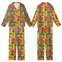 Autumn Lovers' Bold Flat Illustrative Pumpkins Neon Pink Yellow Green Geometric Blocks Kid Satin Pajamas Set