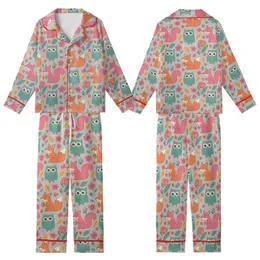 Whimsical Style Lovers' Hand-Drawn Orange Fox Teal Owl Pink Squirrel Floral Taupe-Grey Kid Satin Pajamas Set