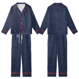 Style-Conscious Adults' Rich Navy Blue Classic Herringbone Pattern with Refined Off-White Lines Kid Satin Pajamas Set